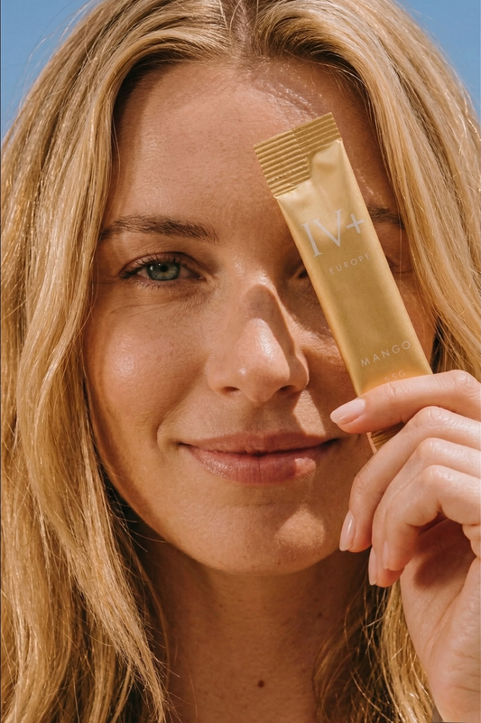 IV+, IV Plus Europe, IV+ Europe, Hydration, sport hydration, beauty, fashion, electrolytes, real fruit electrolytes, mango electrolytes, glycine, prebiotic, luxury, premium, Europe, wellness, wellness supplement, wellness drink, beauty drink, collagen, nutrition, longevity, organic, organic hydration, Europe travel, Europe Summer, mango, clean girl