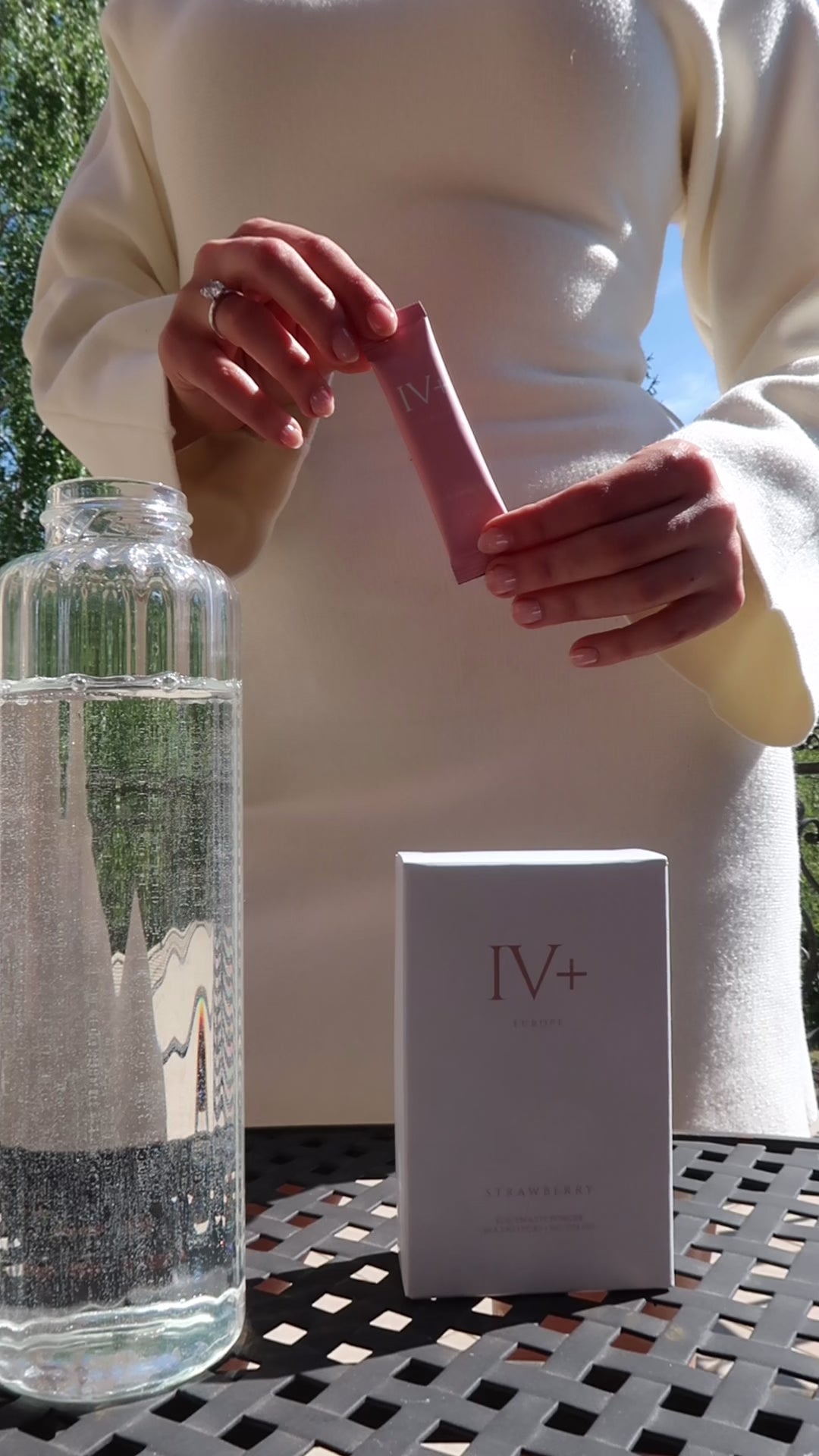 IV+, IV Plus Europe, IV+ Europe, Hydration, sport hydration, beauty, fashion, electrolytes, real fruit electrolytes, strawberry electrolytes, glycine, prebiotic, luxury, premium, Europe, wellness, wellness supplement, wellness drink, beauty drink, collagen, nutrition, longevity, organic, organic hydration, Europe travel, Europe Summer, strawberry, clean girl